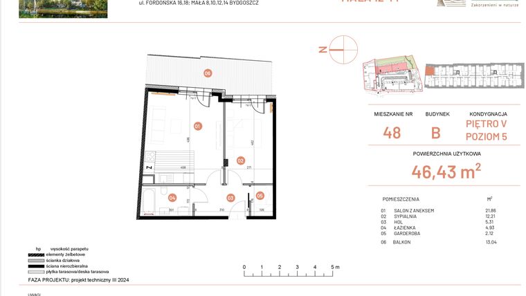 Rzut - Mieszkanie na sprzedaż 2 pokoje o powierzchni 46,43 m² - numer 12.48 w Osiedle Nowe Horyzonty etap III