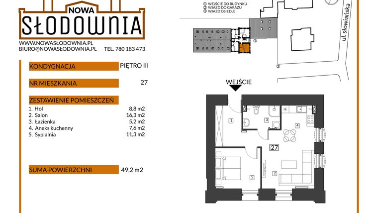 Rzut - Mieszkanie na sprzedaż 2 pokoje o powierzchni 49,2 m² - numer M27 w Nowa Słodownia