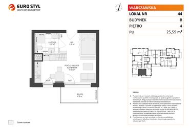 Rzut - Mieszkanie na sprzedaż 1 pokój o powierzchni 25,59 m² - numer B.44 w Osiedle Warszawska etap III