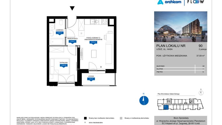 Rzut - Mieszkanie na sprzedaż 2 pokoje o powierzchni 37,59 m² - numer 90 w Flow