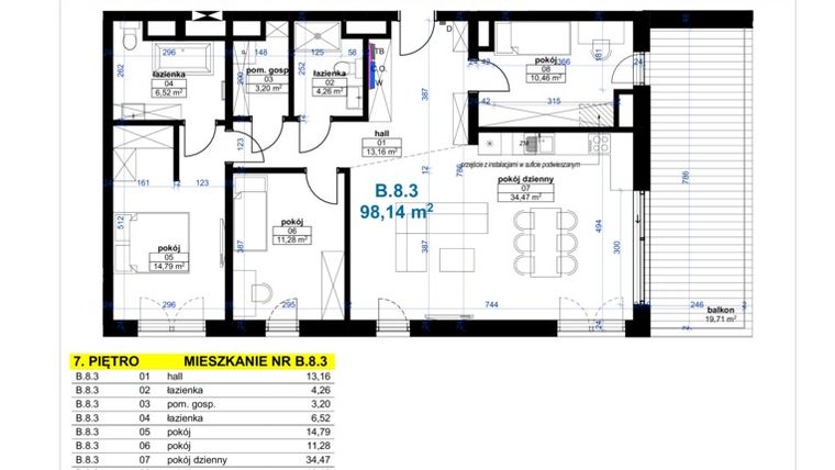 Rzut - Mieszkanie na sprzedaż 4 pokoje o powierzchni 98,14 m² - numer B 8.3 w Park Moniuszki II budynek B