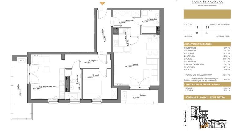 Rzut - Mieszkanie na sprzedaż 3 pokoje o powierzchni 89,39 m² - numer A.3.32 w Nowa Krakowska
