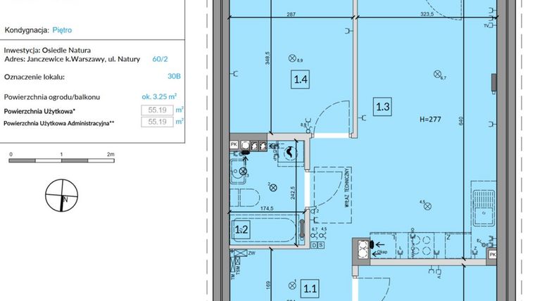 Rzut - Mieszkanie na sprzedaż 3 pokoje o powierzchni 55,19 m² - numer 30B w Osiedle Natura