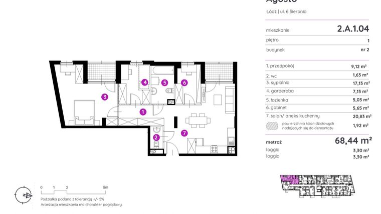 Rzut - Mieszkanie na sprzedaż 2 pokoje o powierzchni 68,33 m² - numer 2.A.1.04 w Murapol Agosto
