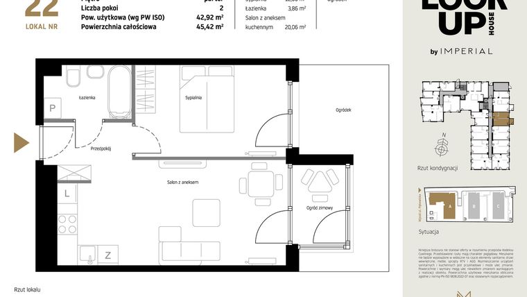 Rzut - Mieszkanie na sprzedaż 2 pokoje o powierzchni 42,92 m² - numer A22 w Look Up House