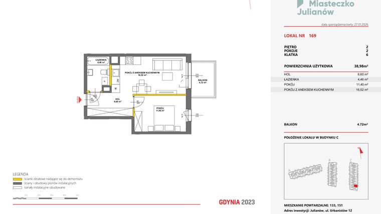 Rzut - Mieszkanie na sprzedaż 2 pokoje o powierzchni 39,04 m² - numer 169 w Miasteczko Julianów