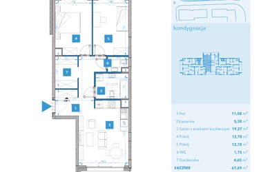 Rzut - Mieszkanie na sprzedaż 3 pokoje o powierzchni 67,69 m² - numer 5 w Apartamenty Macadamia