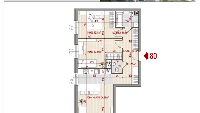 Rzut - Mieszkanie na sprzedaż 3 pokoje o powierzchni 68,88 m² - numer B1.80 w HUZAR B1