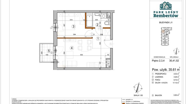 Rzut - Mieszkanie na sprzedaż 2 pokoje o powierzchni 35,61 m² - numer J1-30 w Park Leśny Rembertów etap VIII