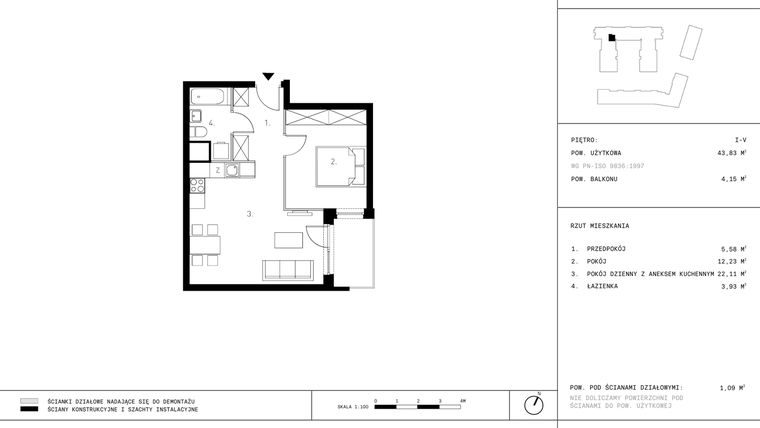 Rzut - Mieszkanie na sprzedaż 2 pokoje o powierzchni 42,07 m² - numer D18 w Podskarbińska 28