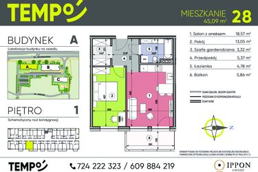 Rzut - Mieszkanie na sprzedaż 2 pokoje o powierzchni 45,09 m² - numer A28 w Osiedle TEMPO