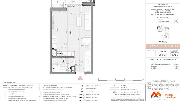 Rzut - Mieszkanie na sprzedaż 1 pokój o powierzchni 32,96 m² - numer F1.A.08.04 w Bukowińska Mokotów