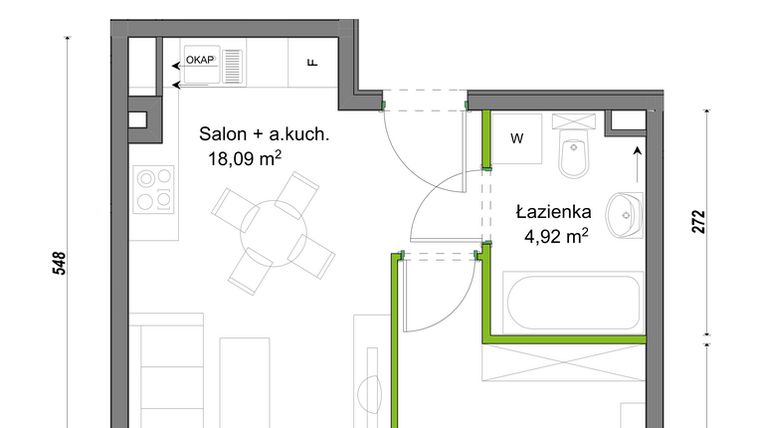 Rzut - Mieszkanie na sprzedaż 2 pokoje o powierzchni 33,66 m² - numer E2/F/05 w Orawska Vita