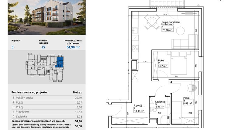 Rzut - Mieszkanie na sprzedaż 3 pokoje o powierzchni 55,36 m² - numer 27 w Balantia