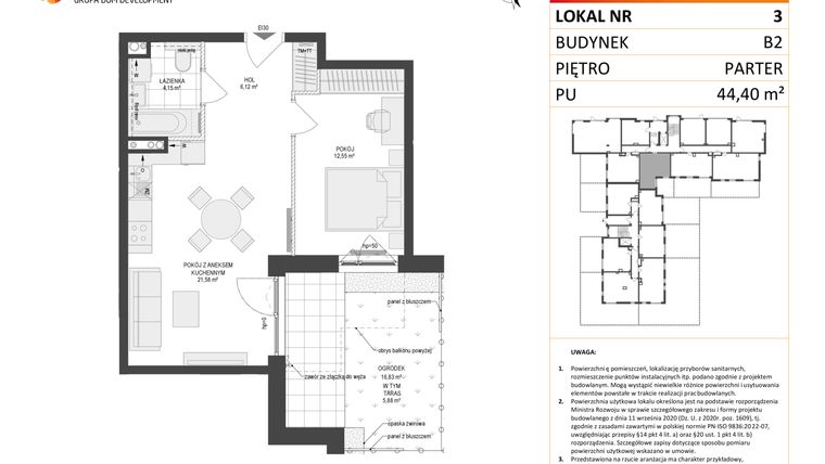 Rzut - Mieszkanie na sprzedaż 2 pokoje o powierzchni 44,4 m² - numer 3 w Locus 2 bud. B2