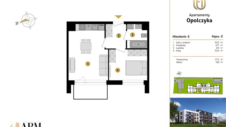 Rzut - Mieszkanie na sprzedaż 2 pokoje o powierzchni 37,12 m² - numer M6 w Apartamenty Opolczyka