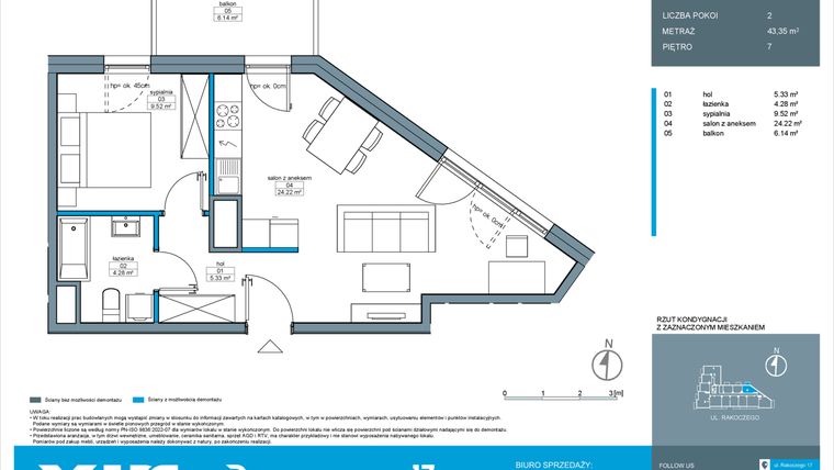 Rzut - Mieszkanie na sprzedaż 2 pokoje o powierzchni 43,35 m² - numer A.7.3 w Rakoczego 17