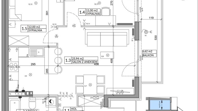 Rzut - Mieszkanie na sprzedaż 3 pokoje o powierzchni 61,55 m² - numer 38B w Osiedle Młodych etap IV