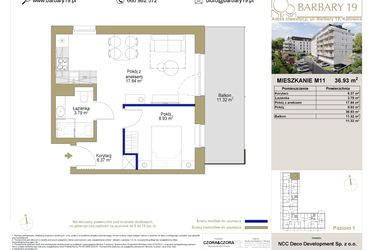 Rzut - Mieszkanie na sprzedaż 2 pokoje o powierzchni 36,93 m² - numer 11 w Barbary 19