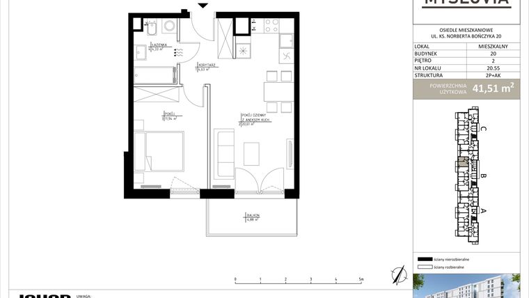 Rzut - Mieszkanie na sprzedaż 2 pokoje o powierzchni 41,51 m² - numer M.LM.20.55 w Myslovia