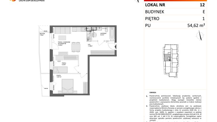 Rzut - Mieszkanie na sprzedaż 3 pokoje o powierzchni 54,62 m² - numer E.12 w Osiedle Synteza etap IV