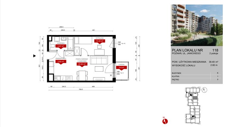 Rzut - Mieszkanie na sprzedaż 2 pokoje o powierzchni 39,49 m² - numer K.118 w Wieża Jeżyce etap V