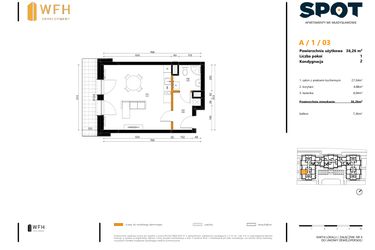 Rzut - Mieszkanie na sprzedaż 1 pokój o powierzchni 36,26 m² - numer A.1.03 w SPOT
