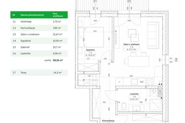 Rzut - Mieszkanie na sprzedaż 3 pokoje o powierzchni 58,36 m² - numer B1M1 w Nefrytowa Park