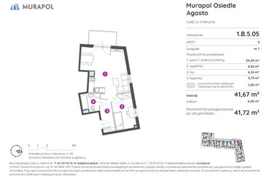 Rzut - Mieszkanie na sprzedaż 2 pokoje o powierzchni 41,72 m² - numer 1.B.5.05 w Murapol Agosto