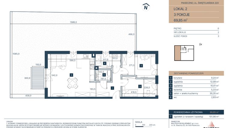 Rzut - Mieszkanie na sprzedaż 3 pokoje o powierzchni 69,85 m² - numer 2 w Classy Świętojańska