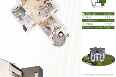 Rzut - Mieszkanie na sprzedaż 2 pokoje o powierzchni 57,48 m² - numer 21.M3 w Osiedle Leśny Zakątek