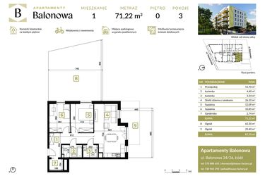 Rzut - Mieszkanie na sprzedaż 3 pokoje o powierzchni 71,14 m² - numer 1 w Apartamenty Balonowa