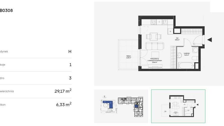Rzut - Mieszkanie na sprzedaż 1 pokój o powierzchni 29,17 m² - numer HB0308 w Holm House 5