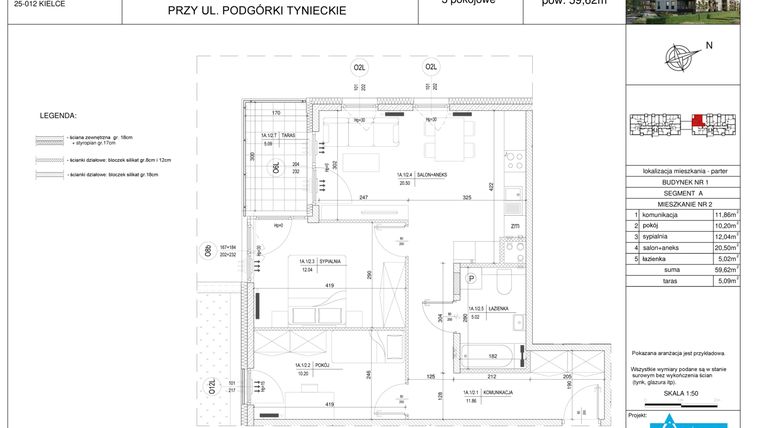 Rzut - Mieszkanie na sprzedaż 3 pokoje o powierzchni 59,62 m² - numer A2 w Podgórki Tynieckie