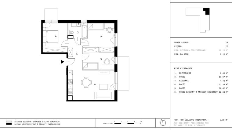Rzut - Mieszkanie na sprzedaż 4 pokoje o powierzchni 69,21 m² - numer A5.28 w Dzikiej Jabłoni 6A