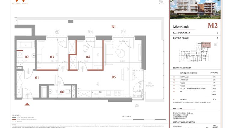 Rzut - Mieszkanie na sprzedaż 3 pokoje o powierzchni 56,52 m² - numer M2 w Warszawskie Wzgórze