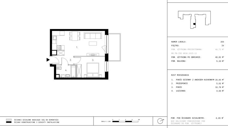 Rzut - Mieszkanie na sprzedaż 2 pokoje o powierzchni 40,81 m² - numer 4.A35 w Staszica 3