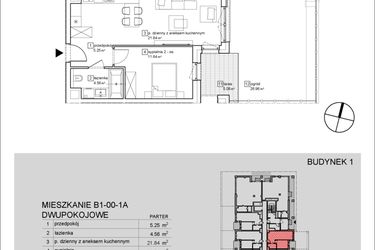 Rzut - Mieszkanie na sprzedaż 2 pokoje o powierzchni 43,29 m² - numer B1-00-1A w Francuska Park IX