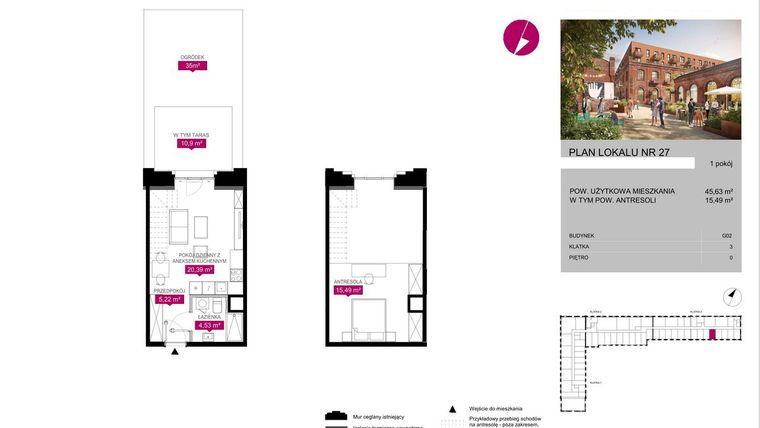 Rzut - Mieszkanie na sprzedaż 1 pokój o powierzchni 45,63 m² - numer G2.27 w Fuzja Lofty