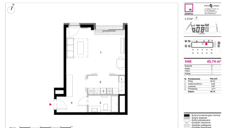 Rzut - Mieszkanie na sprzedaż 1 pokój o powierzchni 45,74 m² - numer H40 w 19. Dzielnica Etap V