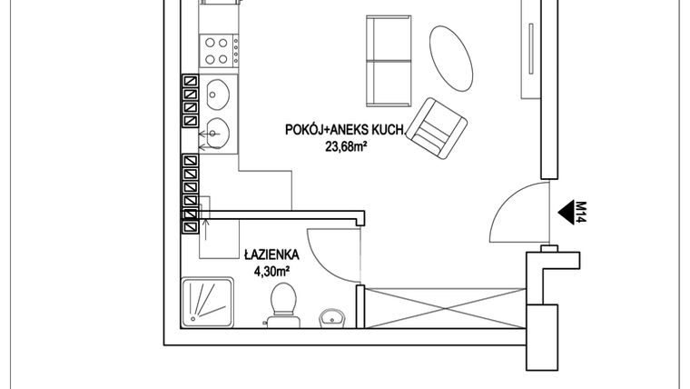 Rzut - Mieszkanie na sprzedaż 1 pokój o powierzchni 27,98 m² - numer 14 w Apartamenty Pogoń