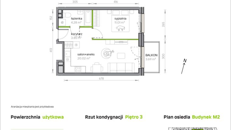 Rzut - Mieszkanie na sprzedaż 2 pokoje o powierzchni 39,16 m² - numer M2/1/3/32 w Przy Parku Vita