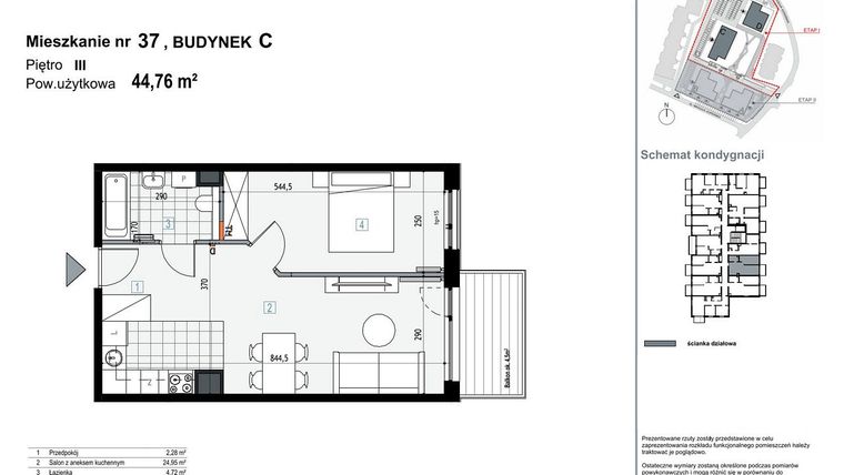 Rzut - Mieszkanie na sprzedaż 2 pokoje o powierzchni 44,76 m² - numer C37 w Apartamenty Kopernika