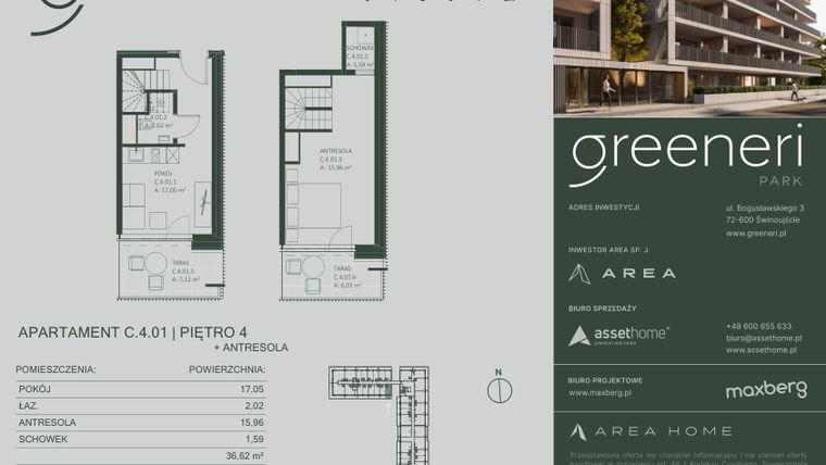Rzut - Mieszkanie na sprzedaż 2 pokoje o powierzchni 36,62 m² - numer C.4.01 w Greeneri Park