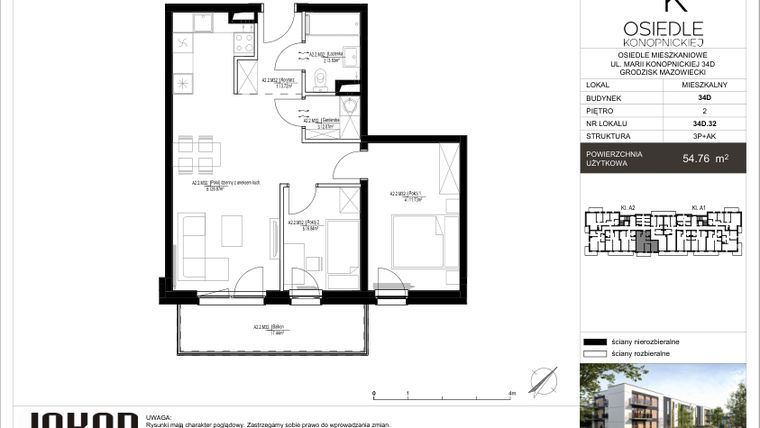 Rzut - Mieszkanie na sprzedaż 3 pokoje o powierzchni 54,76 m² - numer 34D.32 w Osiedle Konopnickiej