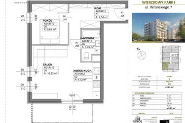 Rzut - Mieszkanie na sprzedaż 2 pokoje o powierzchni 43,89 m² - numer A00_M12 w Wierzbowy Park