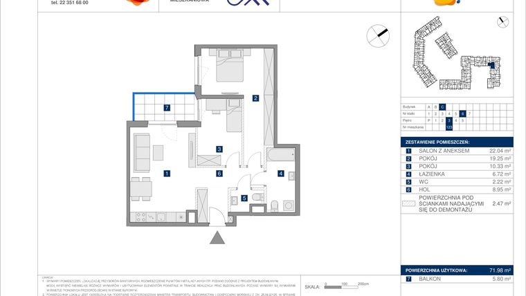 Rzut - Mieszkanie na sprzedaż 3 pokoje o powierzchni 71,98 m² - numer C.123 w Osiedle Ceramiczna