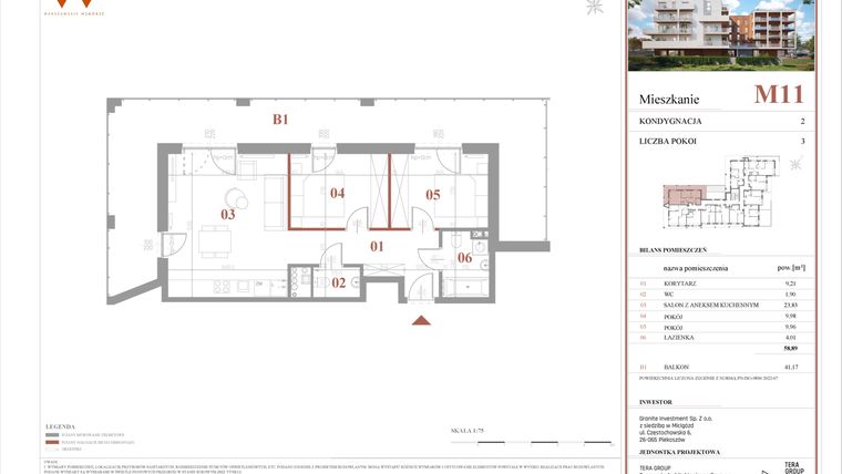 Rzut - Mieszkanie na sprzedaż 3 pokoje o powierzchni 58,89 m² - numer M11 w Warszawskie Wzgórze