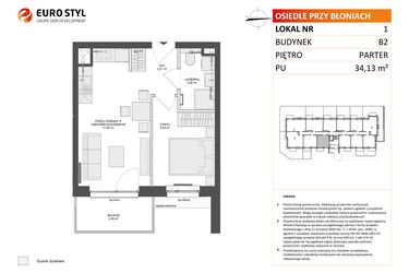 Rzut - Mieszkanie na sprzedaż 2 pokoje o powierzchni 34,13 m² - numer B2.1 w Osiedle Przy Błoniach 3 etap III