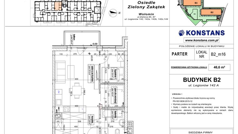 Rzut - Mieszkanie na sprzedaż 2 pokoje o powierzchni 46,6 m² - numer B2.16 w Osiedle Zielony Zakątek- etap II
